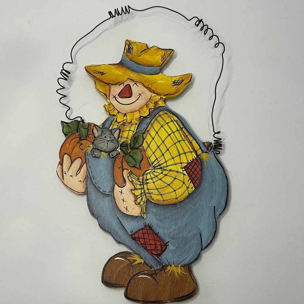 Hand Painted Wood Scarecrow Wall Hanging Fall Decor Pumpkins Cat Cute Home Decor